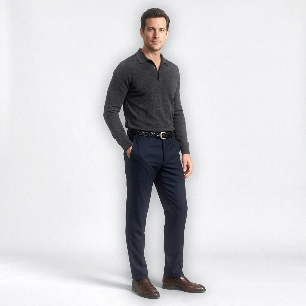 Mannequin homme portant la Ceinture en Cuir a Trou — style smart casual — Le Monde de la Ceinture