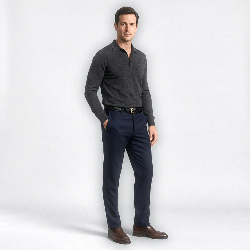 Mannequin homme portant la Ceinture en Cuir a Trou — style smart casual — Le Monde de la Ceinture