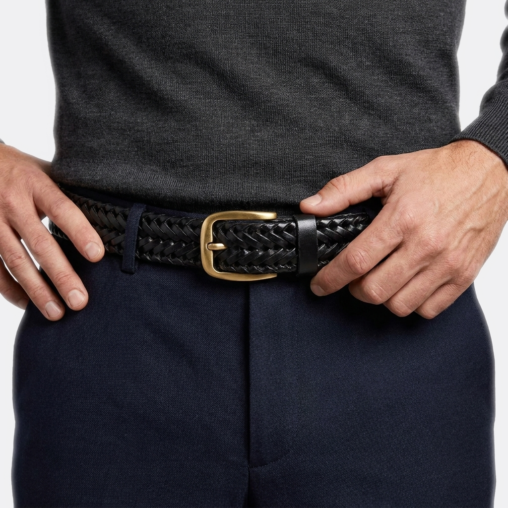 Détail boucle de la Ceinture en Cuir a Trou portée par un homme — style smart casual — Le Monde de la Ceinture
