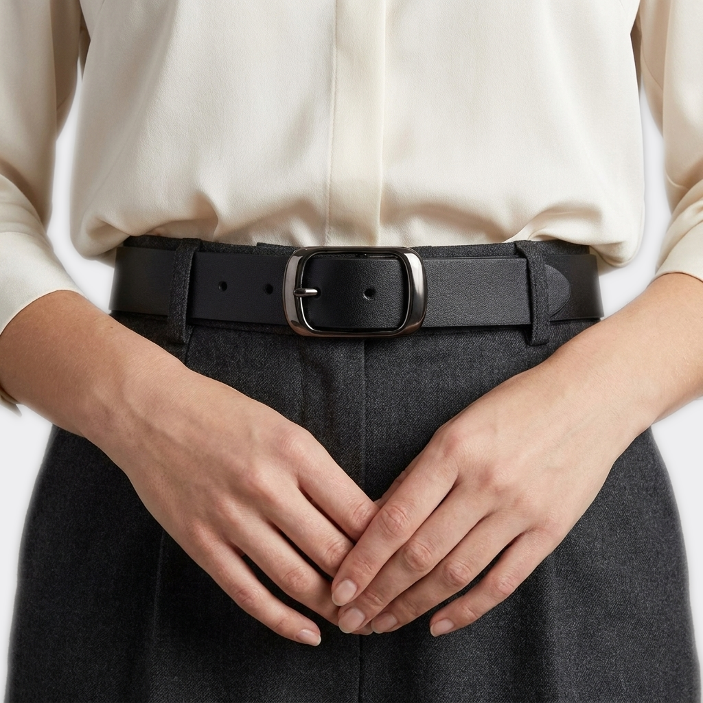 Détail boucle de la Ceinture en Cuir Femme portée par une femme — look luxe — Le Monde de la Ceinture