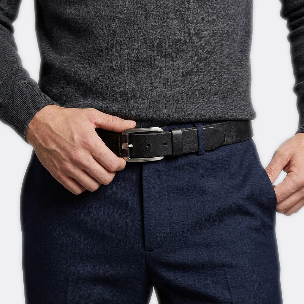 Détail boucle de la Ceinture en Cuir Homme portée par un homme — style smart casual — Le Monde de la Ceinture