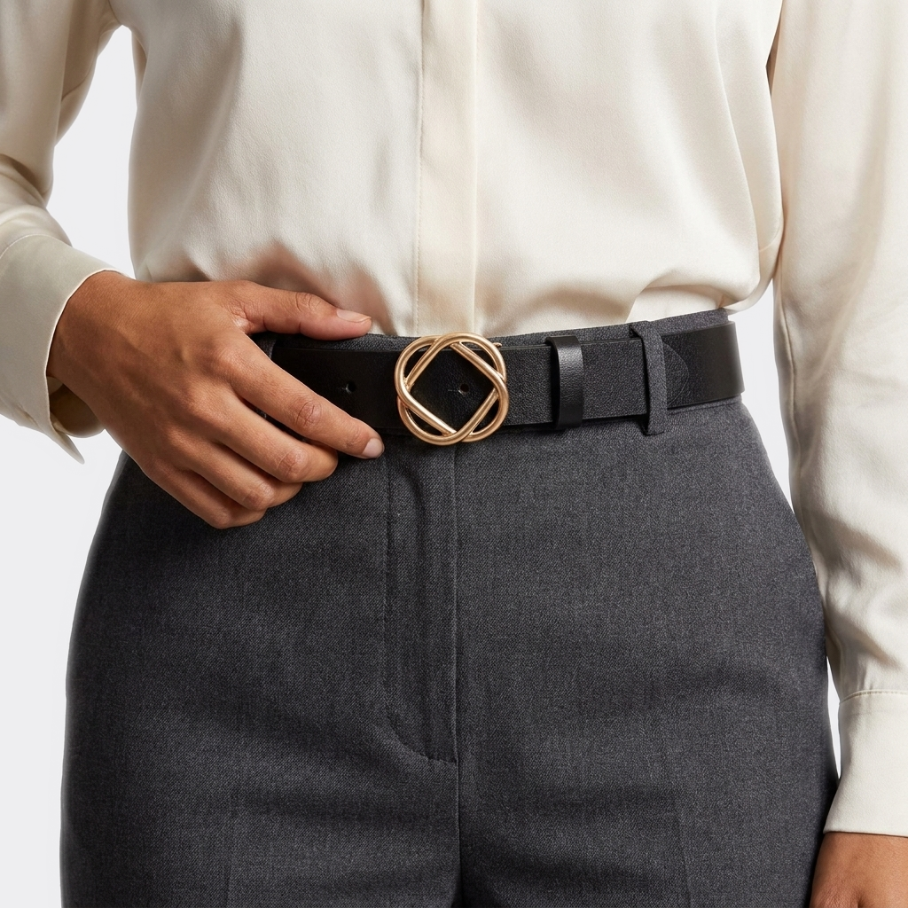Détail boucle de la Ceinture Femme Belle Boucle portée par une femme — style smart casual — Le Monde de la Ceinture