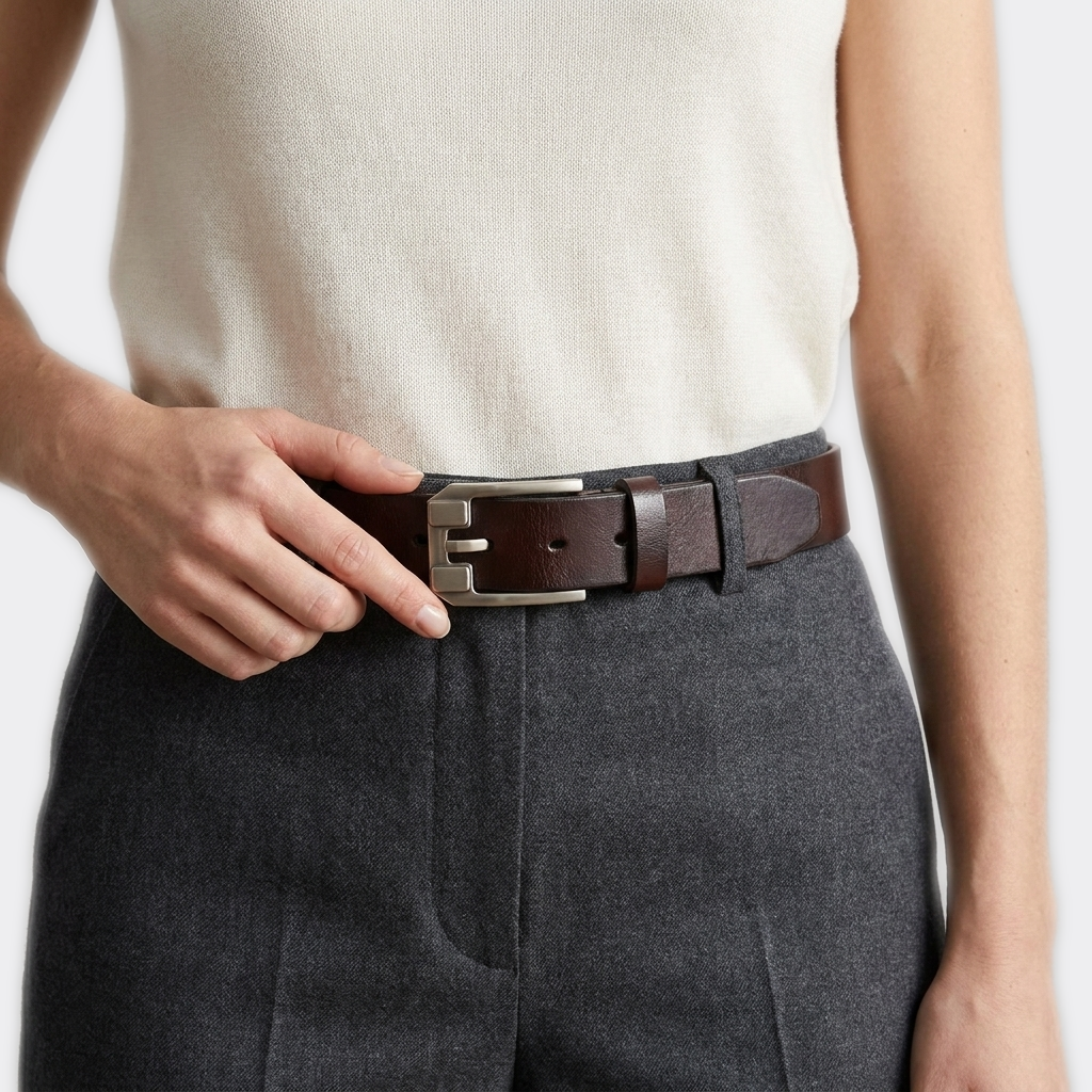 Détail boucle de la Ceinture Femme Cuir et Metal portée par une femme — style smart casual — Le Monde de la Ceinture