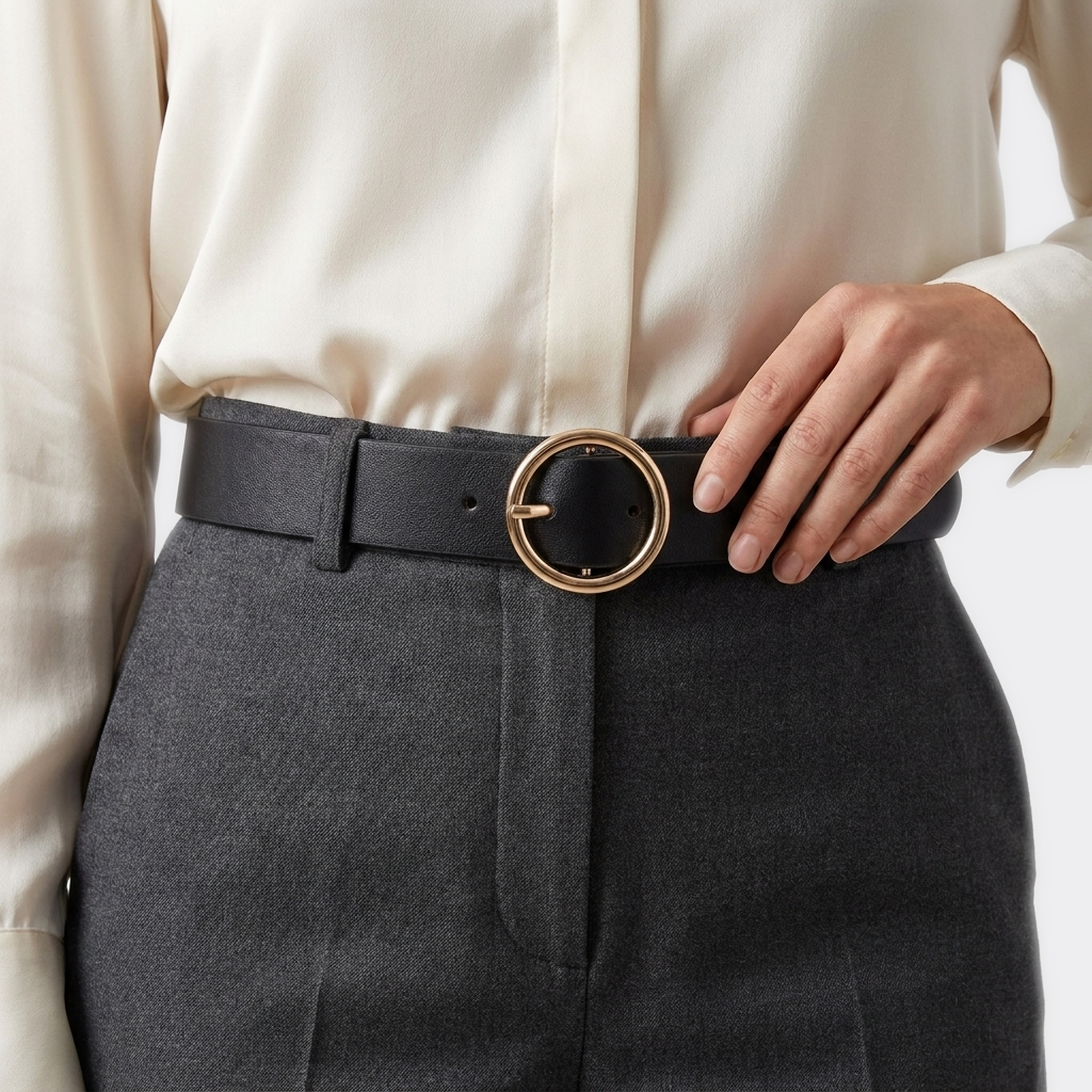 Détail boucle de la Ceinture Femme en Cuir portée par une femme — style smart casual — Le Monde de la Ceinture