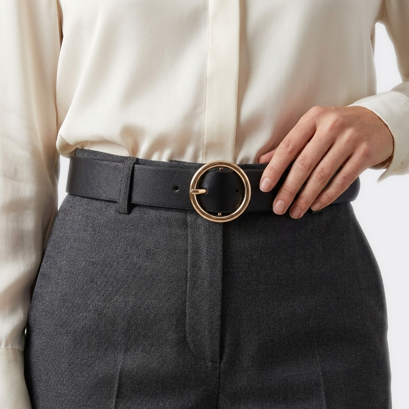 Détail boucle de la Ceinture Femme en Cuir portée par une femme — style smart casual — Le Monde de la Ceinture