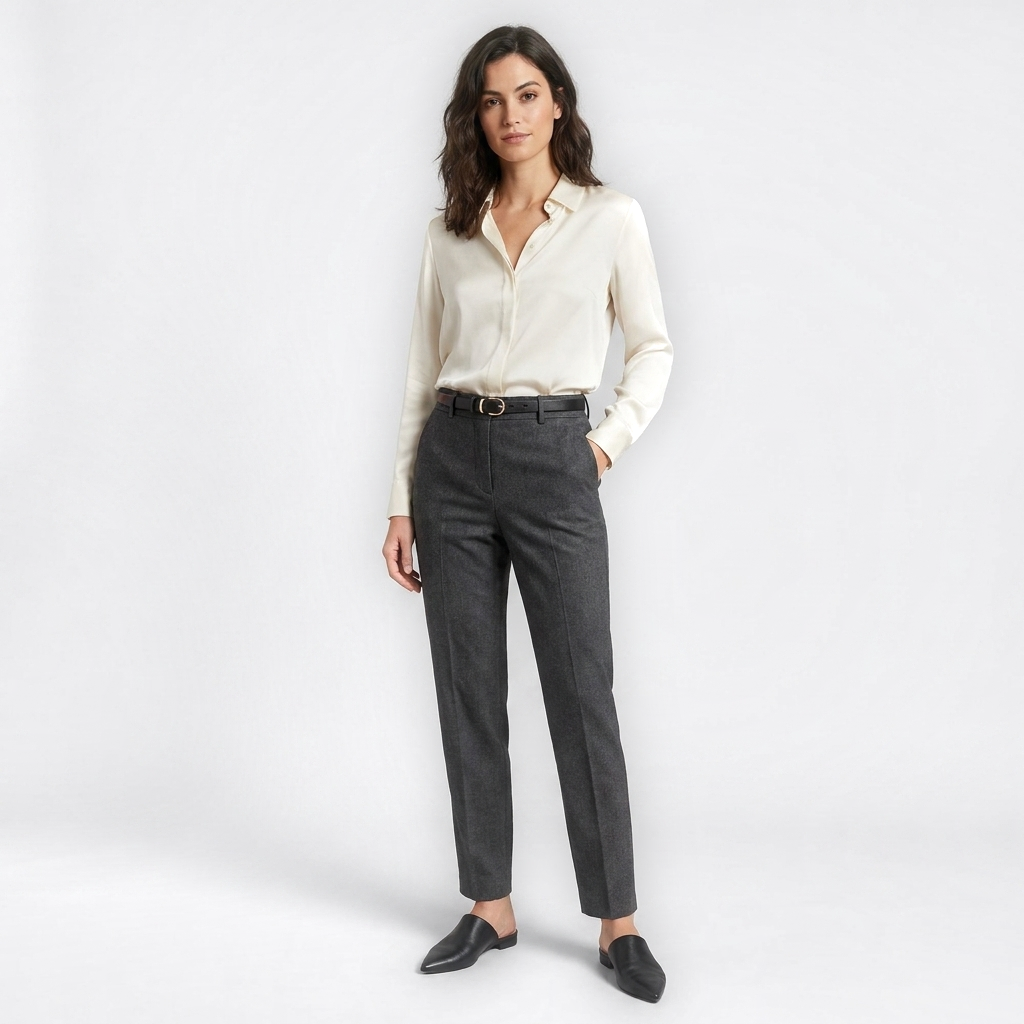 Mannequin femme portant la Ceinture Femme Fine Boucle Ardillon Dorée — style smart casual — Le Monde de la Ceinture