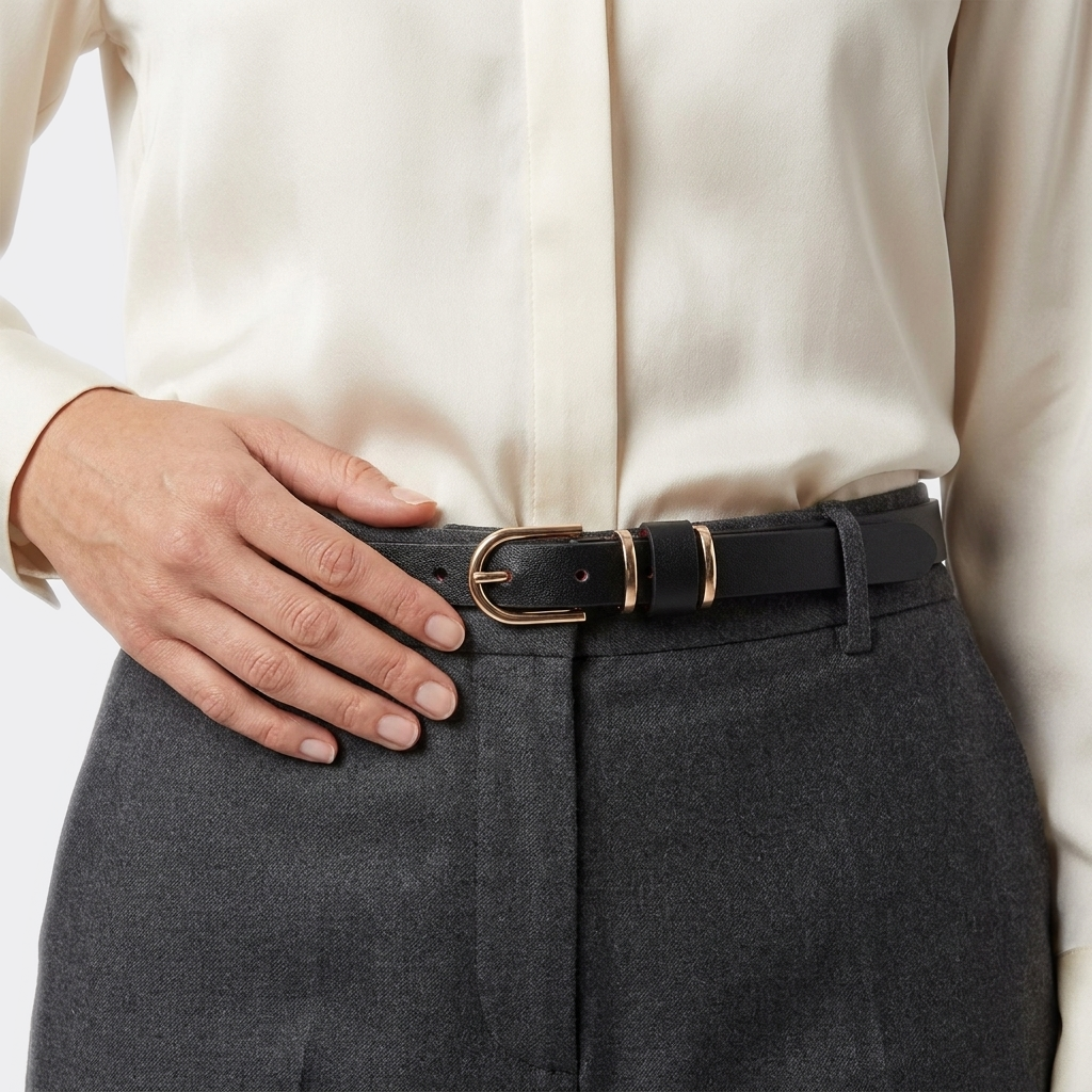 Détail boucle de la Ceinture Femme Fine Boucle Ardillon Dorée portée par une femme — style smart casual — Le Monde de la C…