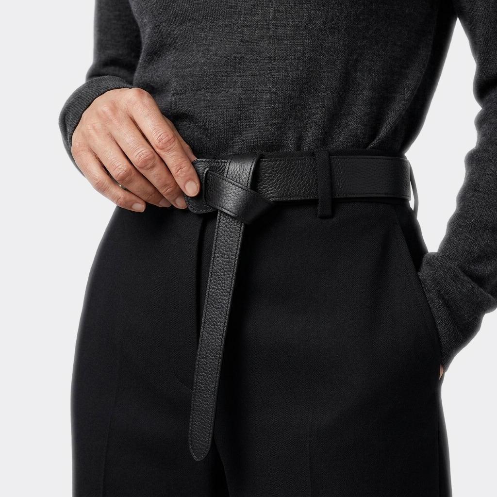 Détail boucle de la Ceinture Femme Fine sans Boucle portée par une femme — look luxe — Le Monde de la Ceinture
