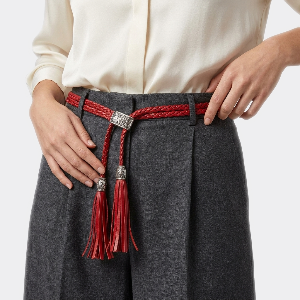 Détail boucle de la Ceinture Ficelle Femme portée par une femme — look casual chic — Le Monde de la Ceinture