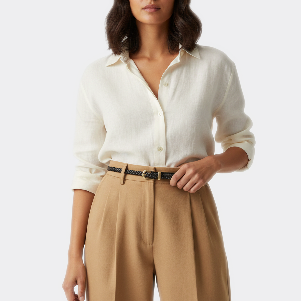 Détail boucle de la Ceinture Fine Tressée portée par une femme — look casual chic — Le Monde de la Ceinture