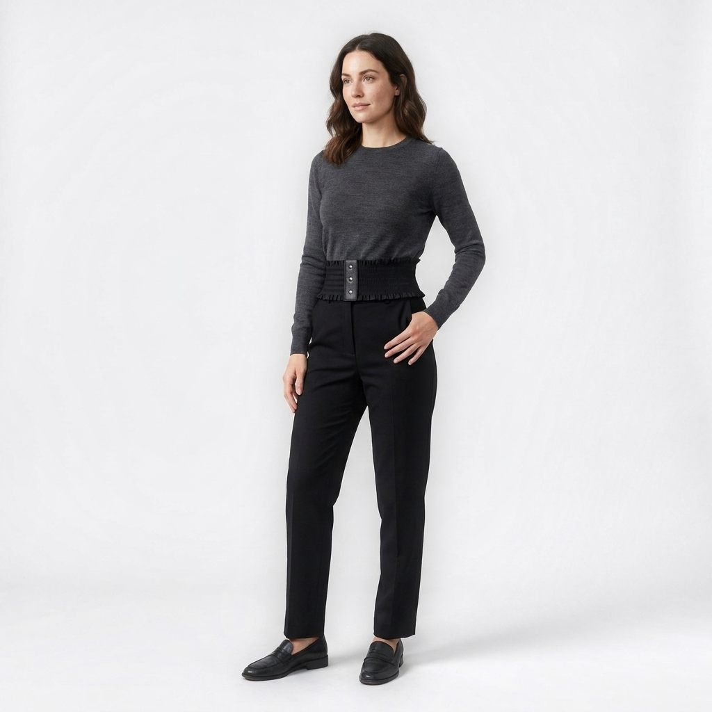 Mannequin femme portant la Ceinture Gainante Femme — style smart casual — Le Monde de la Ceinture