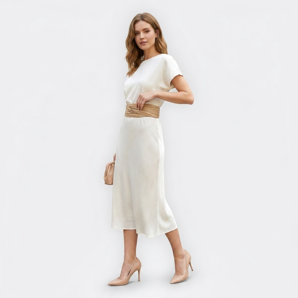 Mannequin femme portant la Ceinture Haute Femme Robe — look luxe — Le Monde de la Ceinture