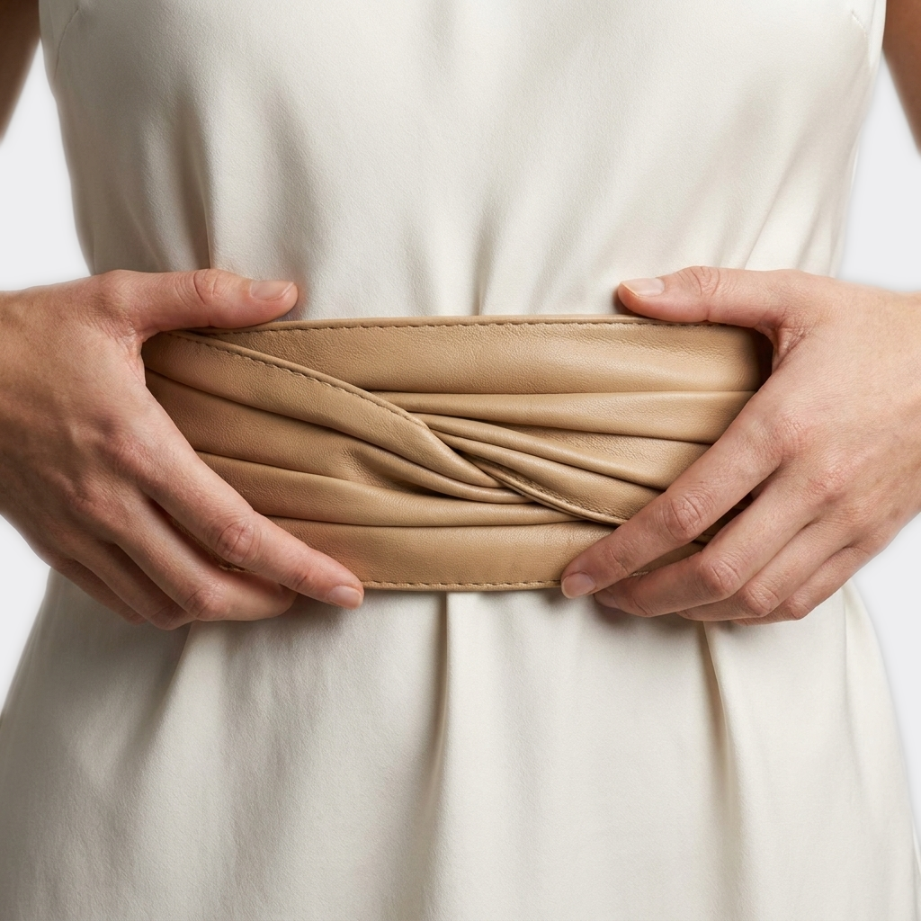 Détail boucle de la Ceinture Haute Femme Robe portée par une femme — look luxe — Le Monde de la Ceinture