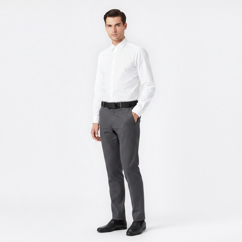 Mannequin homme portant la Ceinture Homme Ajustable — style smart casual — Le Monde de la Ceinture