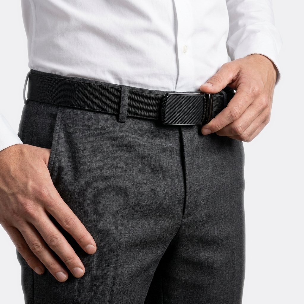 Détail boucle de la Ceinture Homme Ajustable portée par un homme — style smart casual — Le Monde de la Ceinture