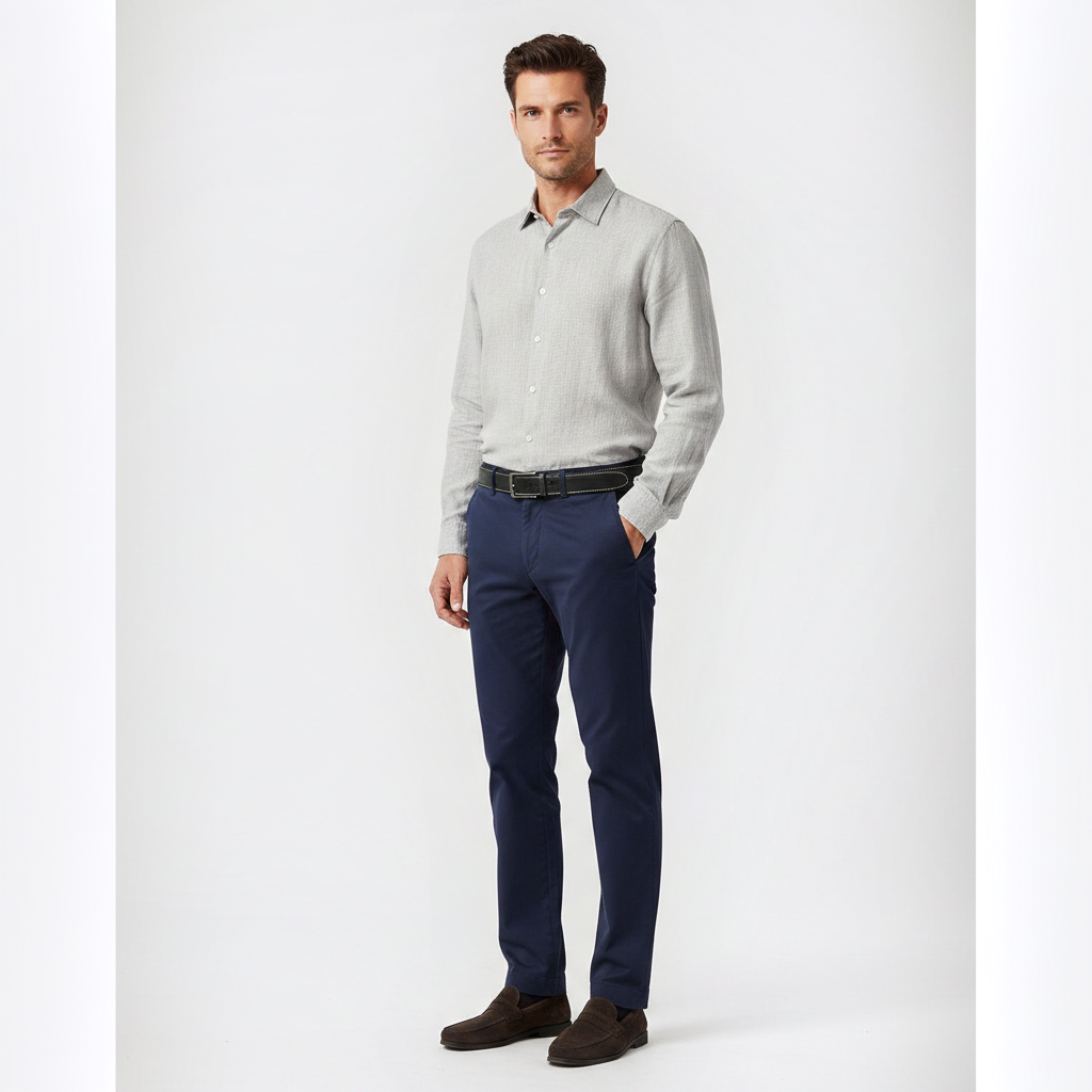 Mannequin homme portant la Ceinture Homme Cuir Boucle Carrée — style smart casual — Le Monde de la Ceinture