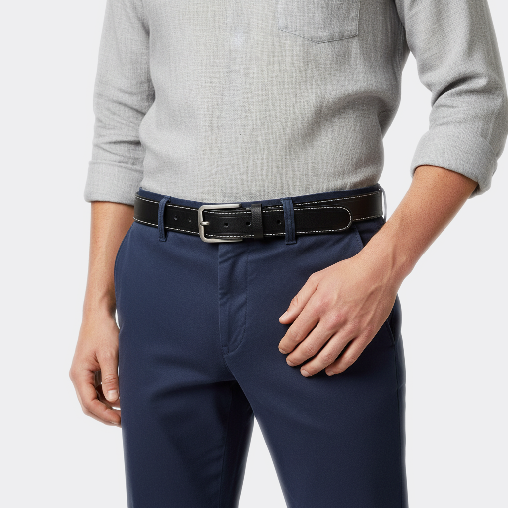 Détail boucle de la Ceinture Homme Cuir Boucle Carrée portée par un homme — style smart casual — Le Monde de la Ceinture