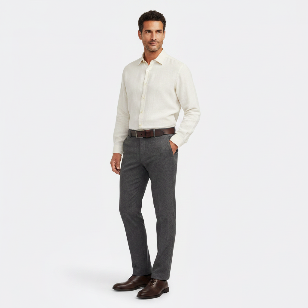 Mannequin homme portant la Ceinture Homme Cuir Simple — style smart casual — Le Monde de la Ceinture