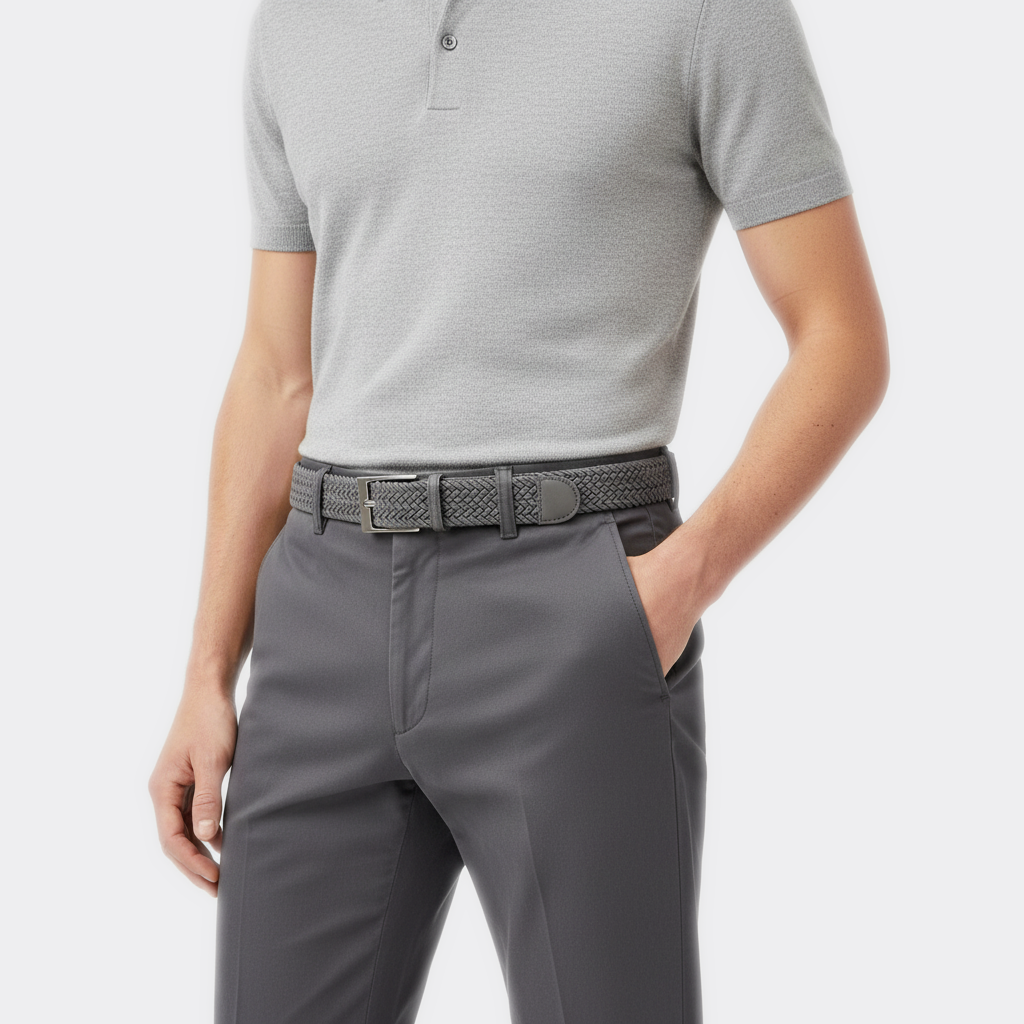 Détail boucle de la Ceinture Homme Tresse portée par un homme — style smart casual — Le Monde de la Ceinture