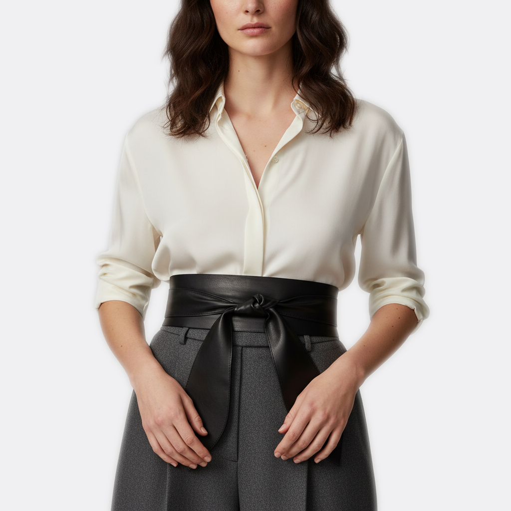 Détail boucle de la Ceinture Large a Noeud portée par une femme — look luxe — Le Monde de la Ceinture