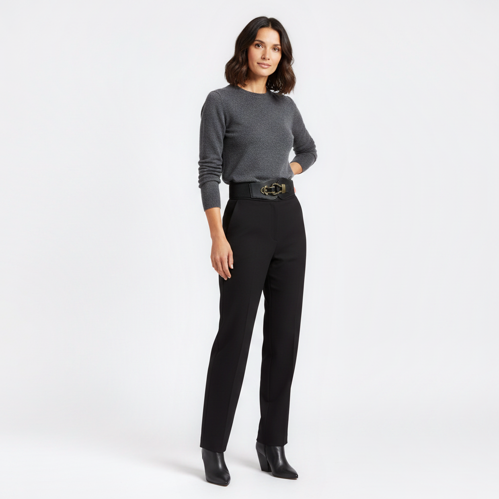 Mannequin femme portant la Ceinture Large Boucle Vintage — style smart casual — Le Monde de la Ceinture