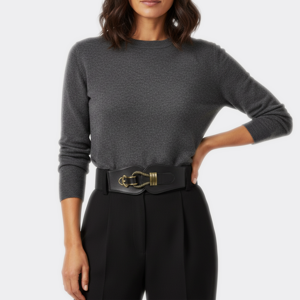 Détail boucle de la Ceinture Large Boucle Vintage portée par une femme — style smart casual — Le Monde de la Ceinture