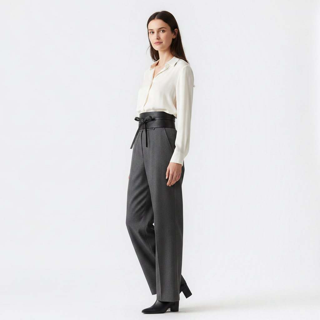 Mannequin femme portant la Ceinture Large Sans Boucle — style minimaliste — Le Monde de la Ceinture