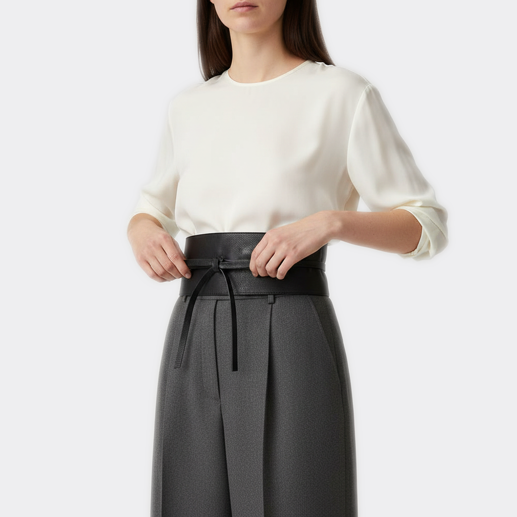 Détail boucle de la Ceinture Large Sans Boucle portée par une femme — style minimaliste — Le Monde de la Ceinture