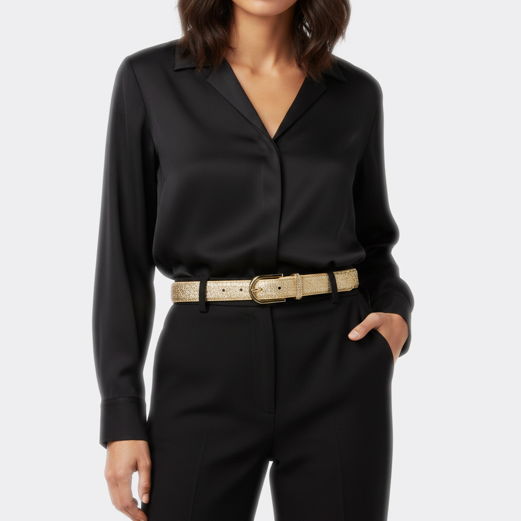 Détail boucle de la Ceinture Paillettes Femme portée par une femme — look luxe — Le Monde de la Ceinture