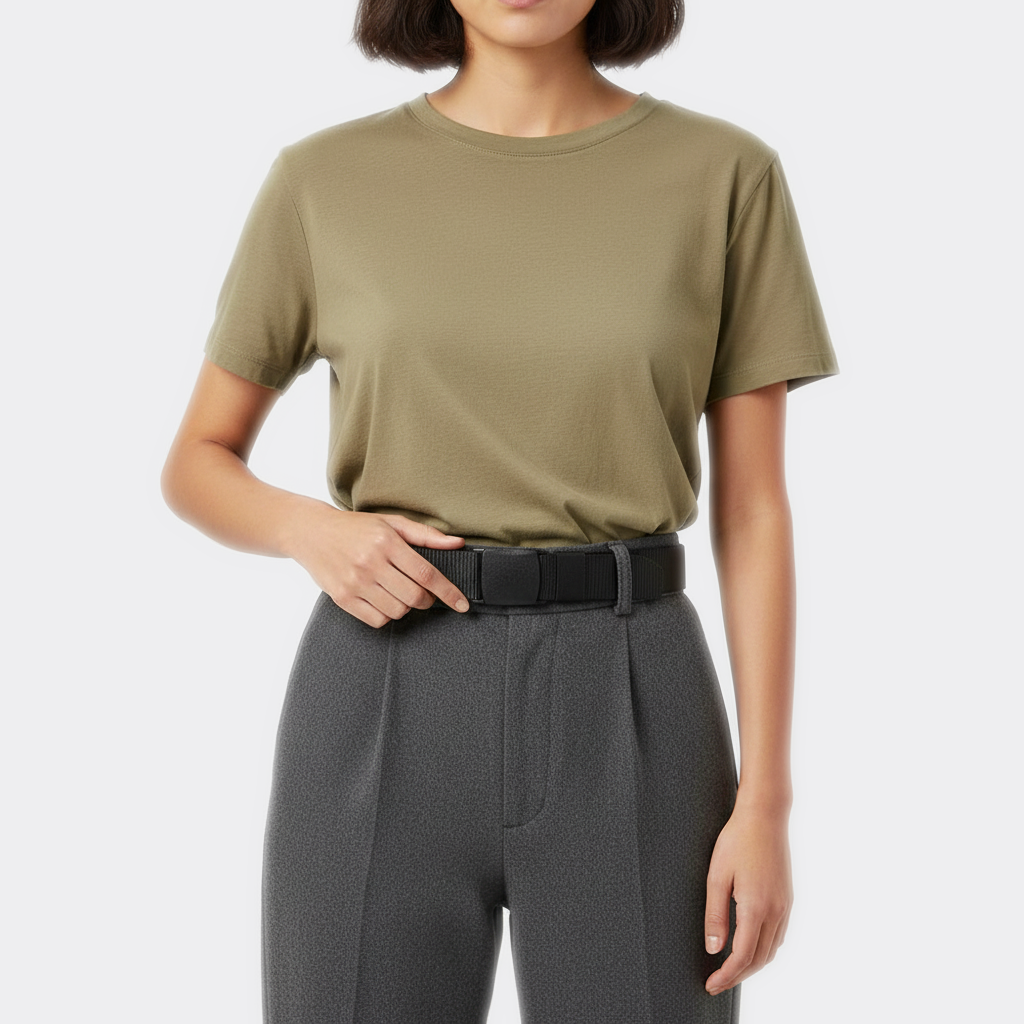 Détail boucle de la Ceinture pour Cacher Argent portée par une femme — style minimaliste — Le Monde de la Ceinture