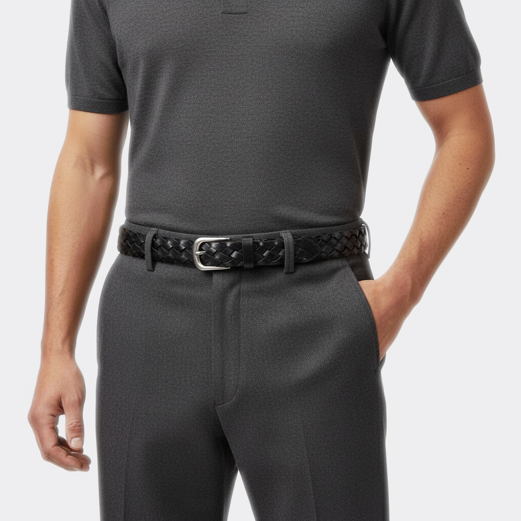 Détail boucle de la Ceinture Simili Cuir Tressé portée par un homme — style smart casual — Le Monde de la Ceinture