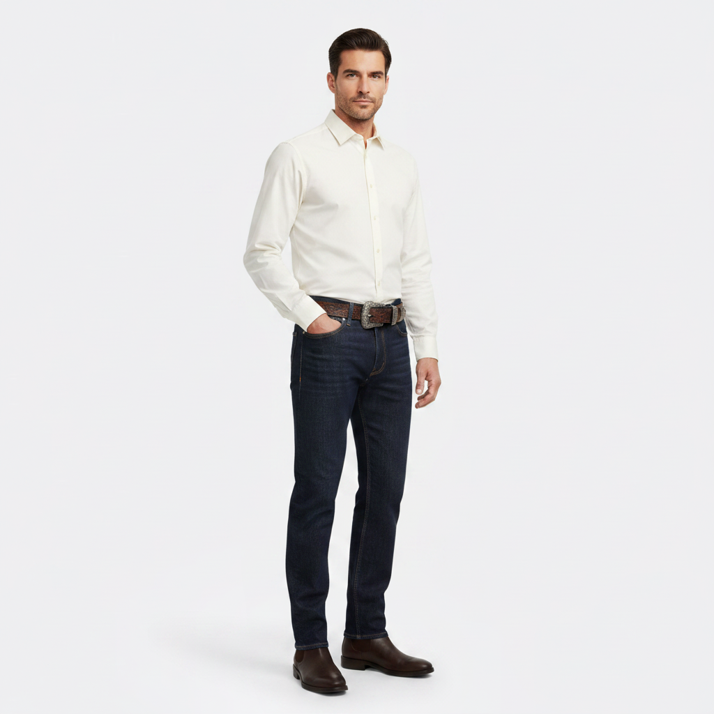 Mannequin homme portant la Ceinture Style Cow Boy — style smart casual — Le Monde de la Ceinture