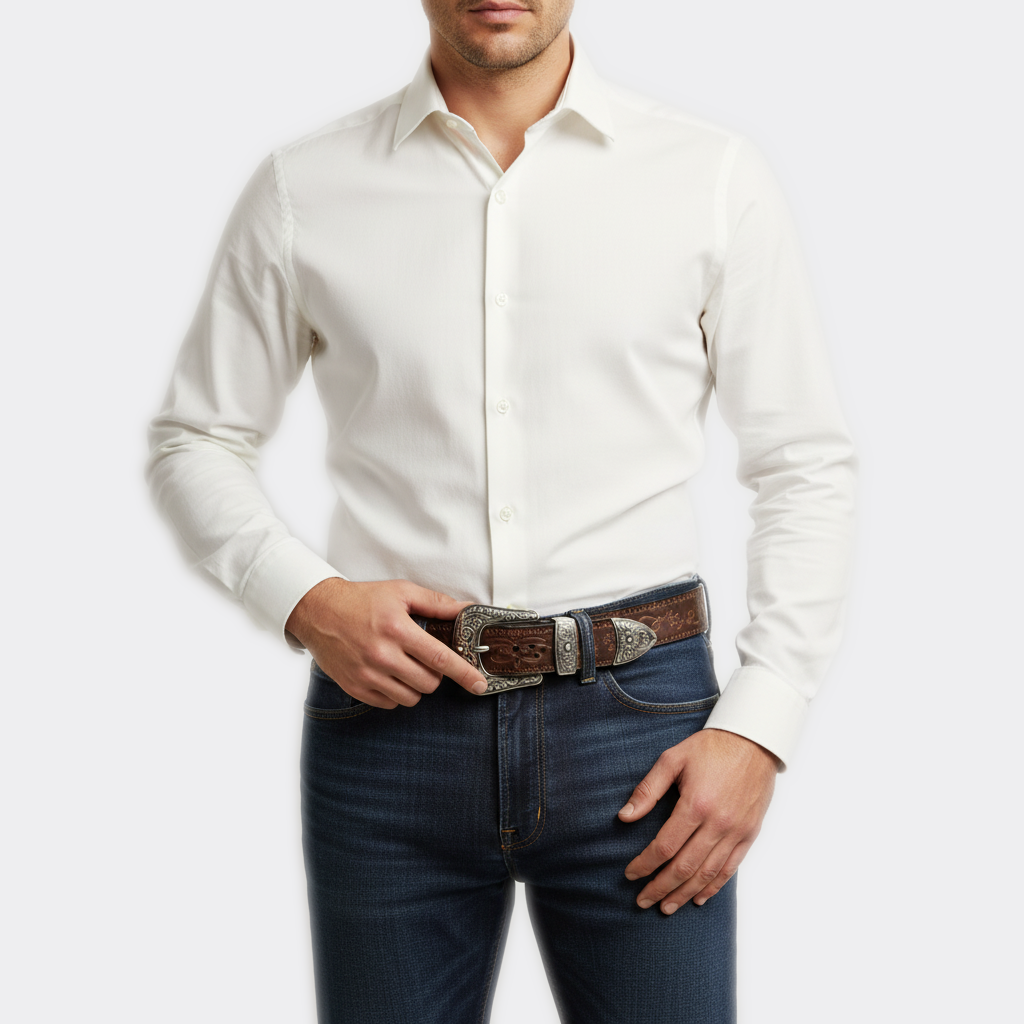 Détail boucle de la Ceinture Style Cow Boy portée par un homme — style smart casual — Le Monde de la Ceinture