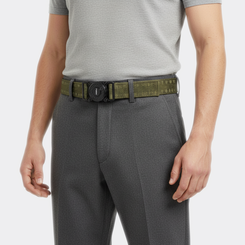 Détail boucle de la Ceinture Tactique Militaire portée par un homme — style minimaliste — Le Monde de la Ceinture