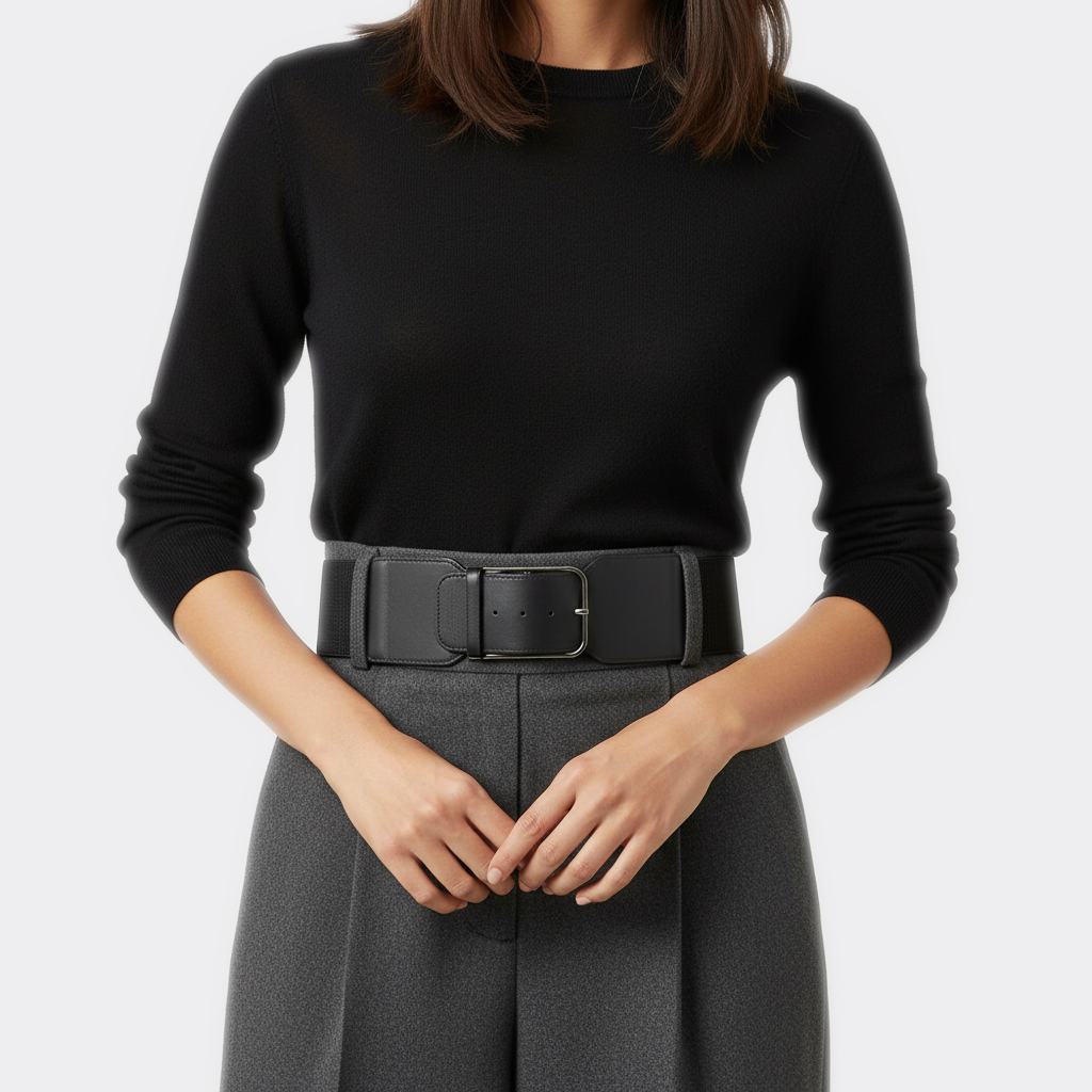 Détail boucle de la Ceinture Taille Haute Femme portée par une femme — style minimaliste — Le Monde de la Ceinture