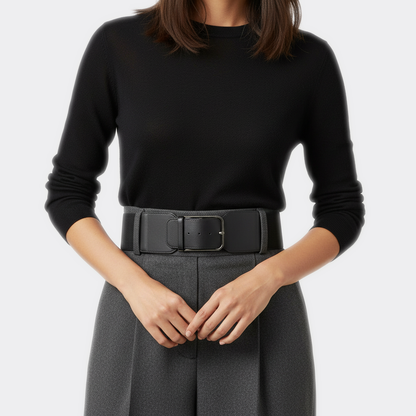 Détail boucle de la Ceinture Taille Haute Femme portée par une femme — style minimaliste — Le Monde de la Ceinture