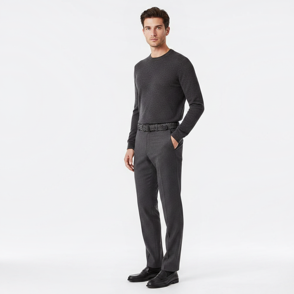 Mannequin homme portant la Ceinture Tissée Boucle Argenté — style smart casual — Le Monde de la Ceinture