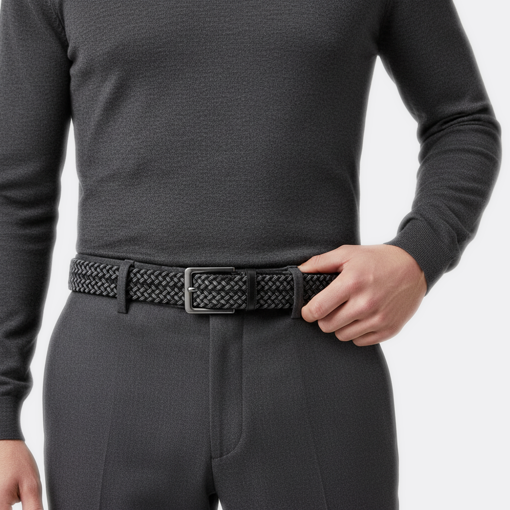 Détail boucle de la Ceinture Tissée Boucle Argenté portée par un homme — style smart casual — Le Monde de la Ceinture