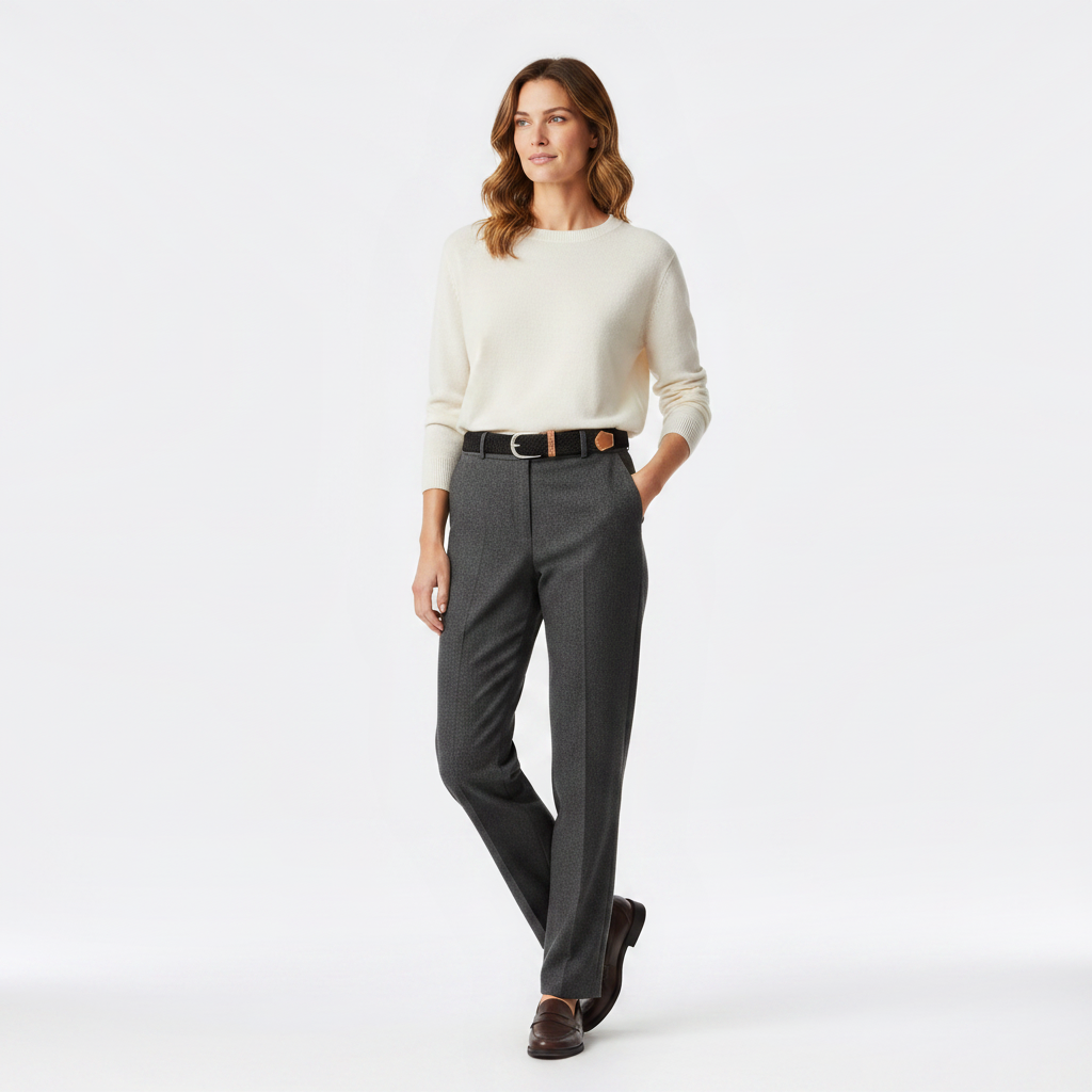 Mannequin femme portant la Ceinture Tissée Femme — style smart casual — Le Monde de la Ceinture