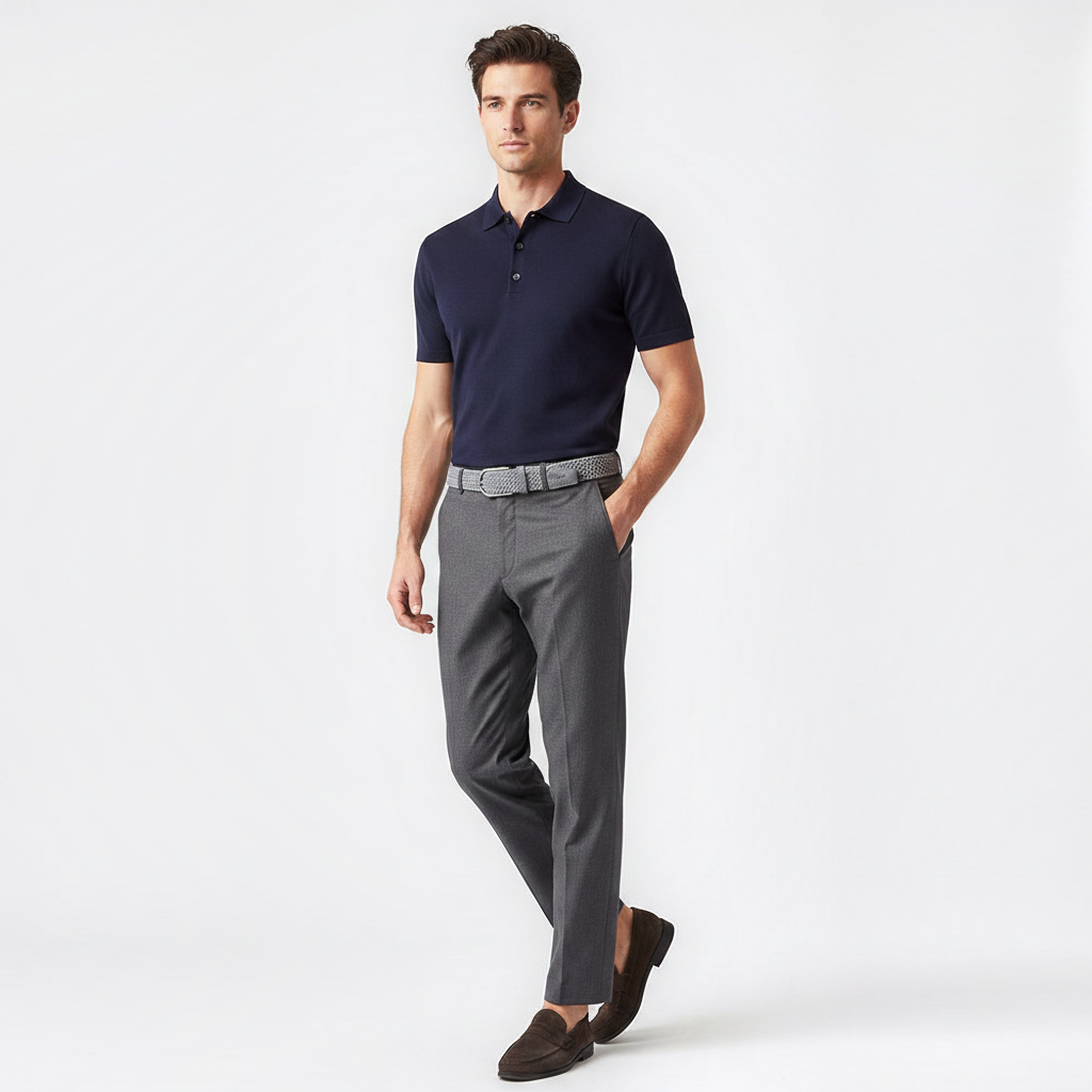 Mannequin homme portant la Ceinture Tissée Homme — style smart casual — Le Monde de la Ceinture