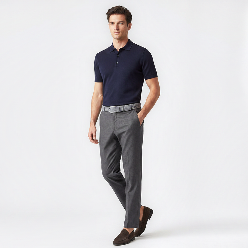 Mannequin homme portant la Ceinture Tissée Homme — style smart casual — Le Monde de la Ceinture