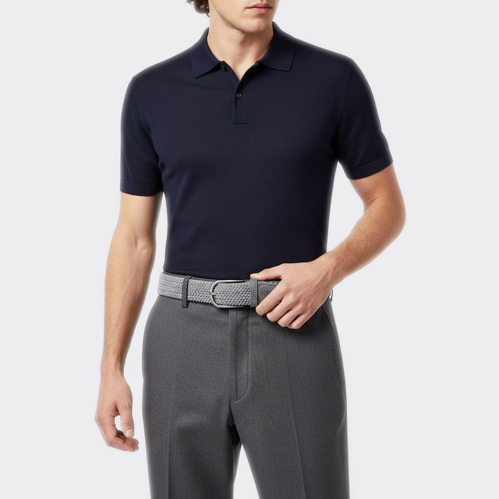Détail boucle de la Ceinture Tissée Homme portée par un homme — style smart casual — Le Monde de la Ceinture