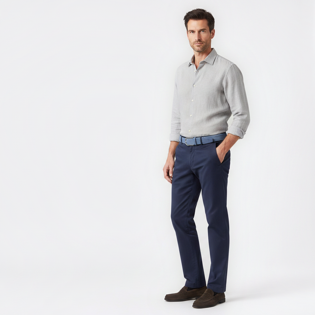 Mannequin homme portant la Ceinture Tissée Mixte — style smart casual — Le Monde de la Ceinture