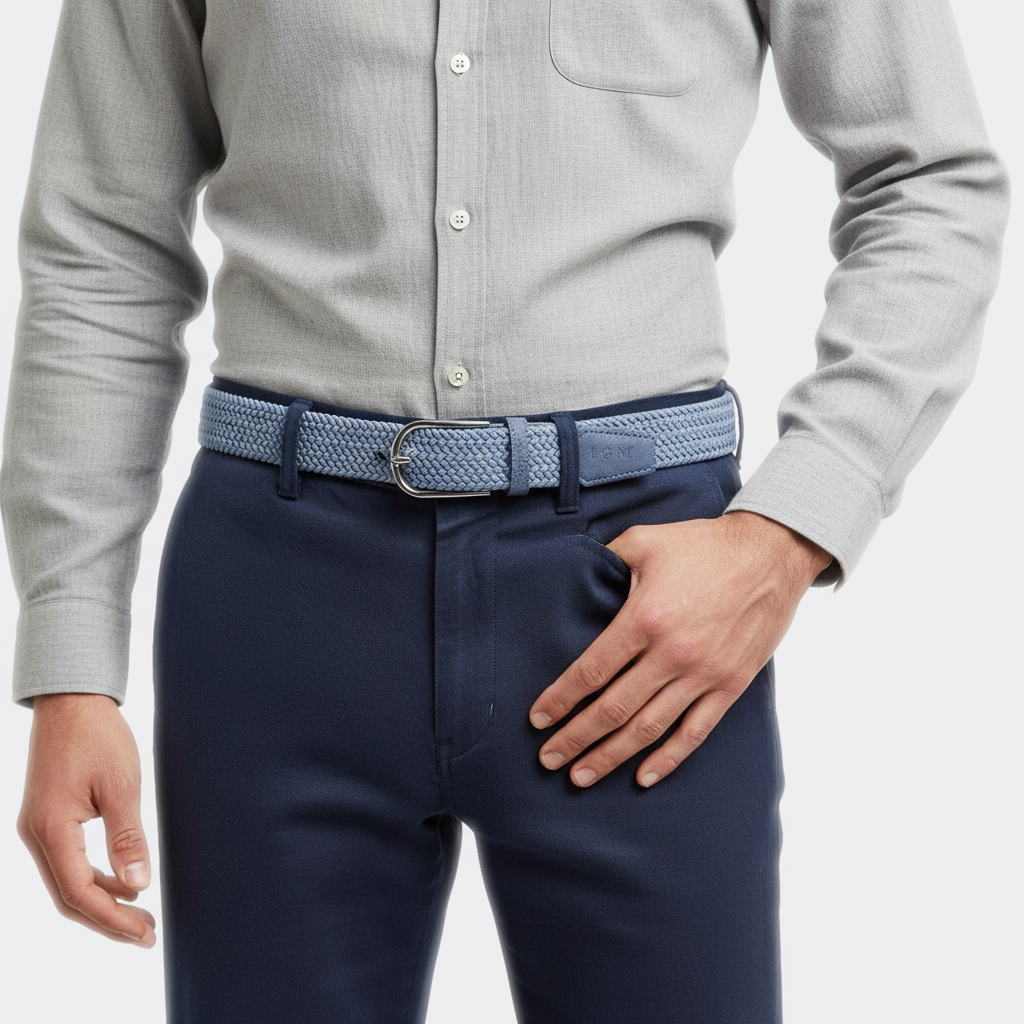 Détail boucle de la Ceinture Tissée Mixte portée par un homme — style smart casual — Le Monde de la Ceinture