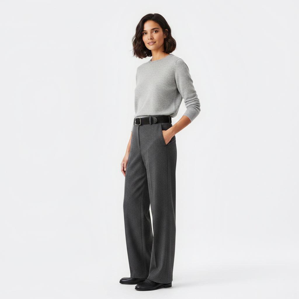 Mannequin femme portant la Ceinture Tissée — style smart casual — Le Monde de la Ceinture
