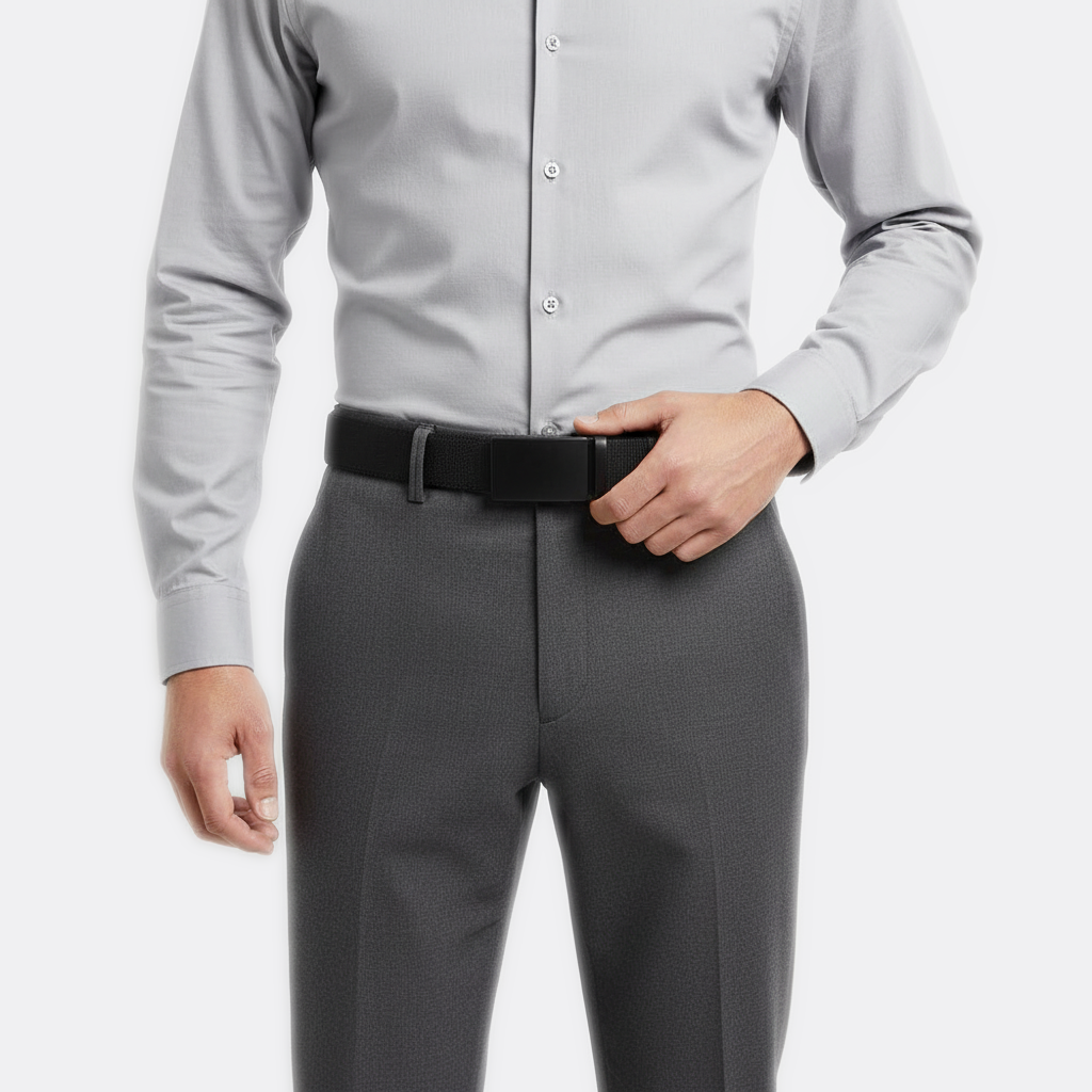 Détail boucle de la Ceinture Tissu Ajustable portée par un homme — style minimaliste — Le Monde de la Ceinture