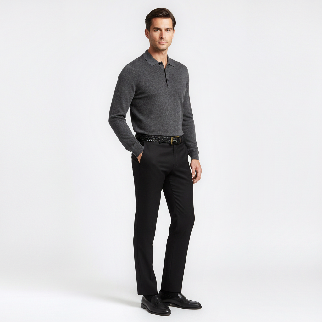 Mannequin homme portant la Ceinture Tressée Boucle Dorée — look luxe — Le Monde de la Ceinture