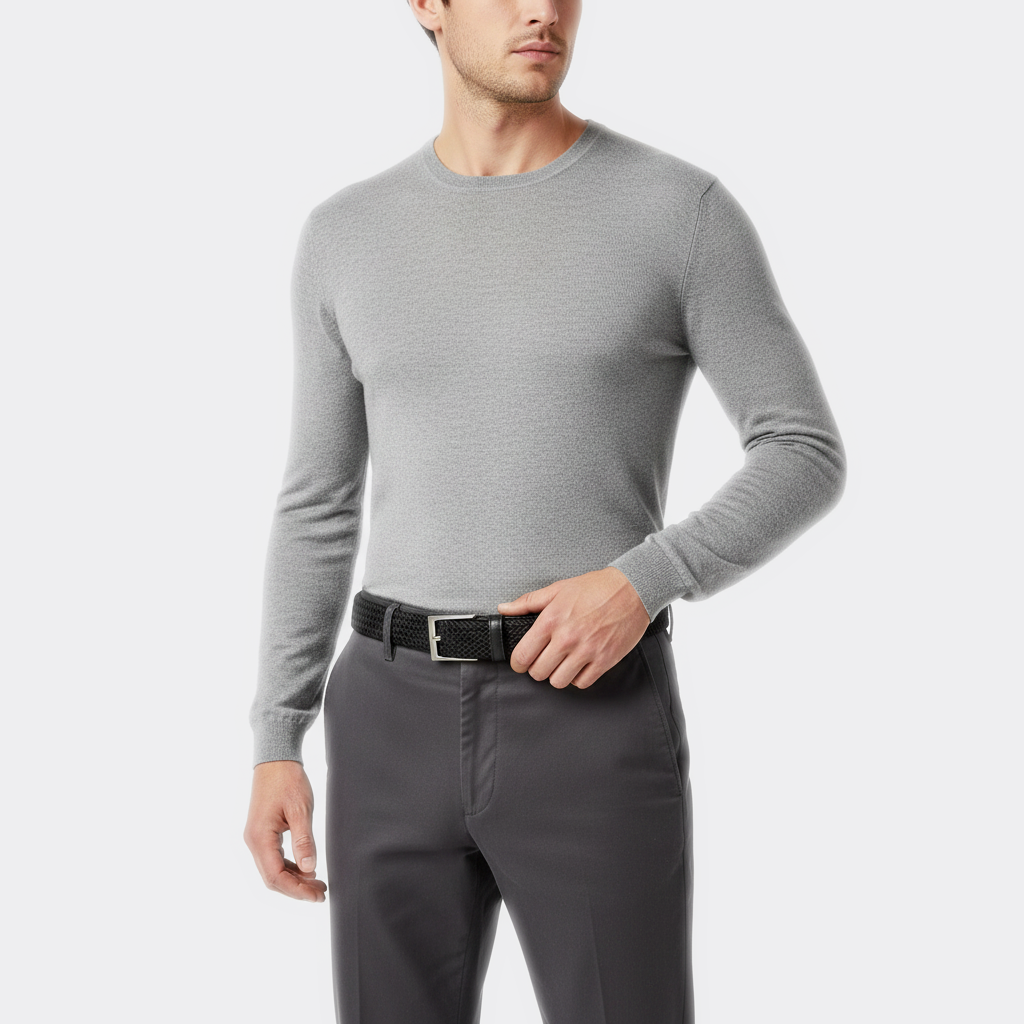 Détail boucle de la Ceinture Tressé Homme portée par un homme — style smart casual — Le Monde de la Ceinture