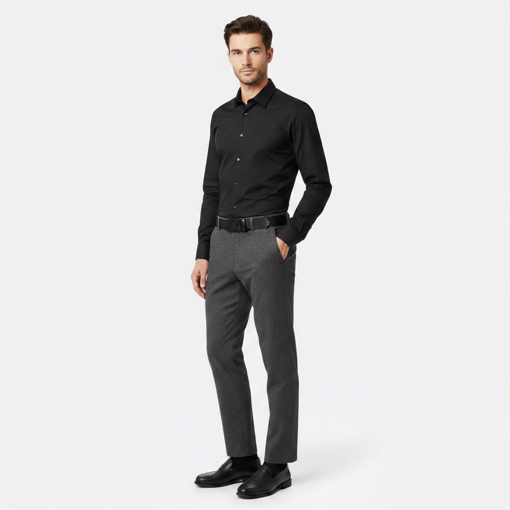 Mannequin homme portant la Ceinture Tressé sans Trou — style minimaliste — Le Monde de la Ceinture