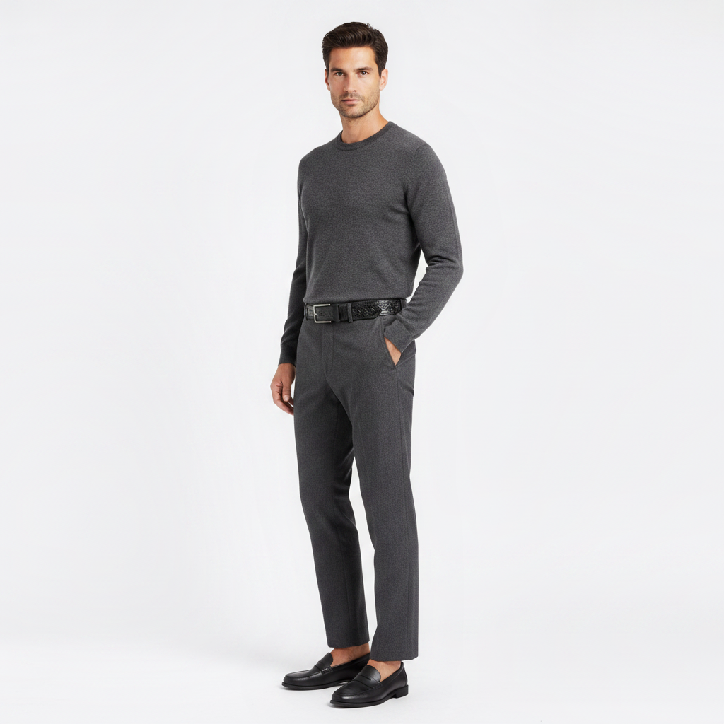Mannequin homme portant la Ceinture Tribal — style smart casual — Le Monde de la Ceinture